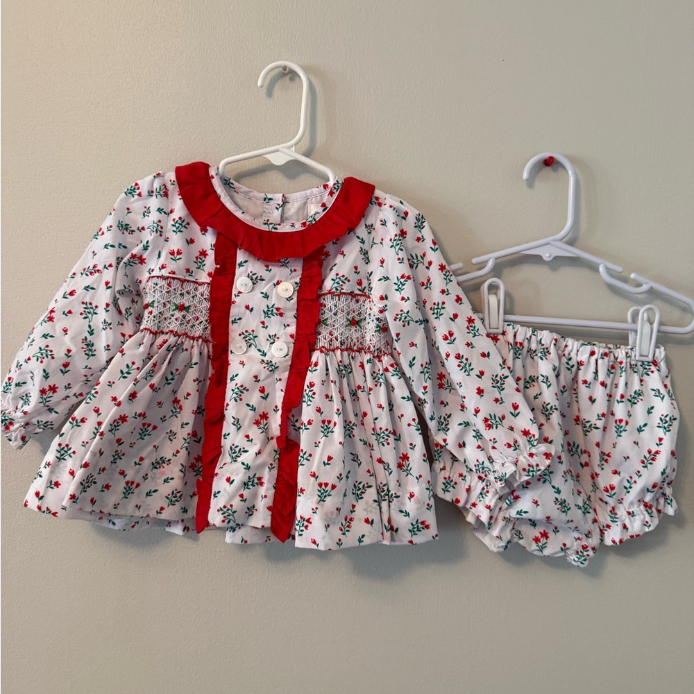 Cecil and Lou Red and White Floral Smocked Outfit